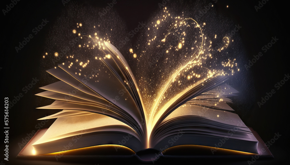 Open magic book with lights shining on dark background. Based on Generative AI Open magic book with lights shining on dark background. Based on Generative AI