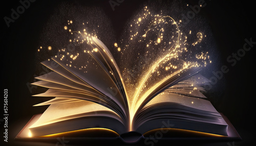 Open magic book with lights shining on dark background. Based on Generative AI
