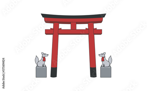 明神鳥居ときつねのイラスト　アウトラインあり