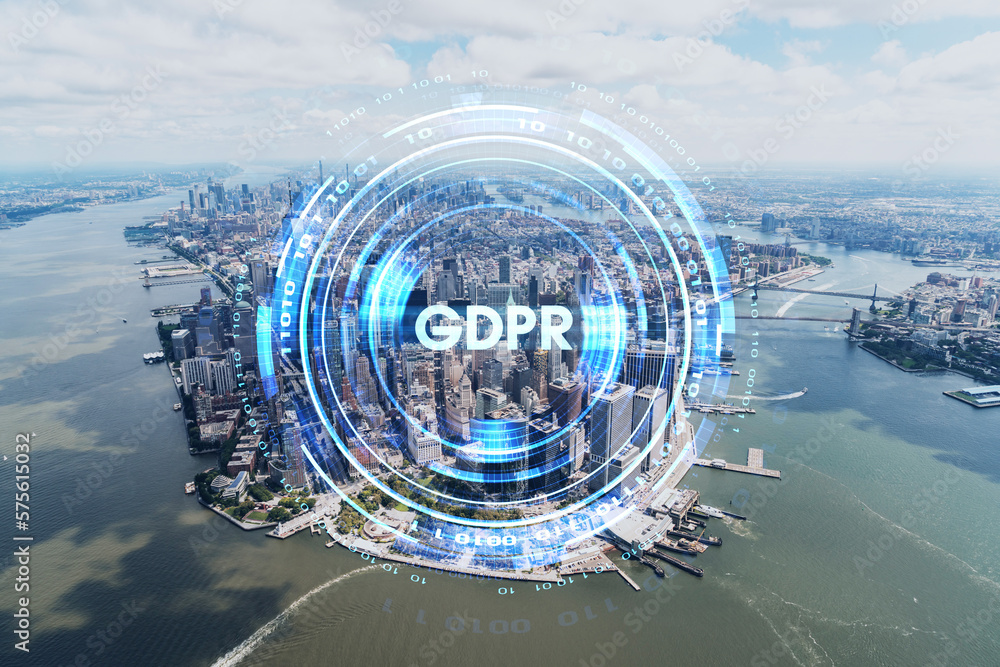 Fototapeta premium Aerial panoramic helicopter city view on Lower Manhattan district and financial Downtown, New York, USA. GDPR hologram, concept of data protection regulation and privacy for all individuals