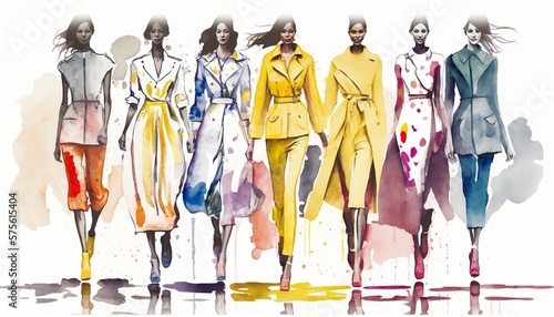 female fashion show, rainwear, autumn, fall clothing, watercolor illustration, Generative AI