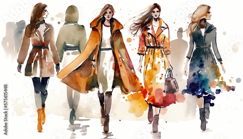 female fashion week fall, autumn, watercolor illustration, Generative AI