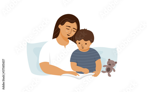 Mother and child boy reading a book with pillow and a dall, flat vector illustration.