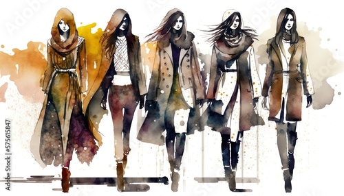 winter female fashion show, models on a catwalk in a row, watercolor illustration, Generative AI
