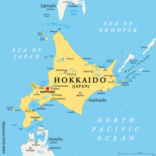 Hokkaido, second largest island of Japan, political map, with capital Sapporo. Comprises the largest and northernmost prefecture, making up its own region. Separated from Honshu by the Tsugaru Strait. photo
