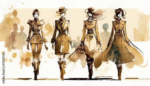 steampunk female fashion show, watercolor illustration