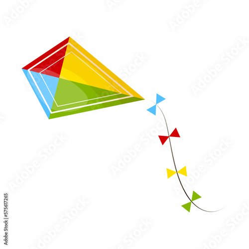 Wind kite with long ribbon. Colorful rhombus plane flying in sky. Outside activity toy for kid. Childhood educational and mental summer playing. Flat vector illustration isolated on white background