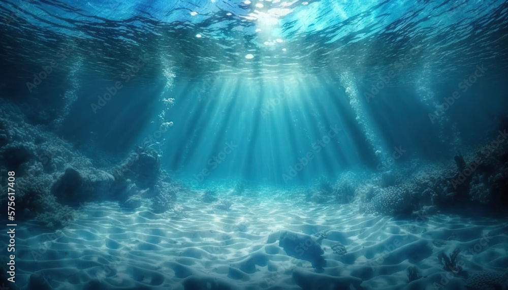 Underwater sea in blue sunlight. Based on Generative AI - obrazy, fototapety, plakaty 