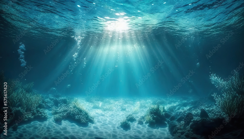 Underwater sea in blue sunlight. Based on Generative AI - obrazy, fototapety, plakaty 