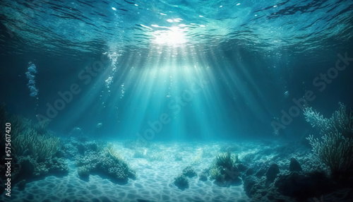Fotografiet Underwater sea in blue sunlight. Based on Generative AI