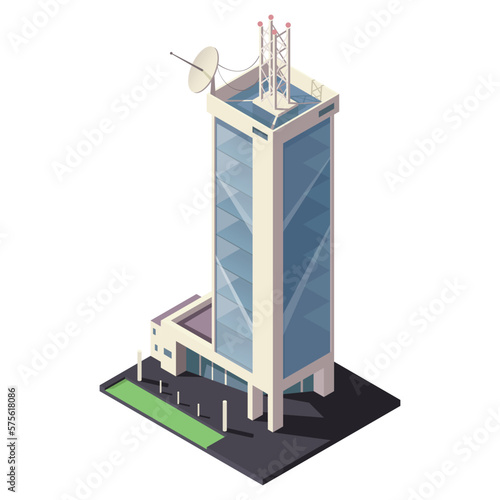 Isometric skyscraper building for map creating collection. Business office and commercial tower. City development in 3D design. Finance cityscape architecture, web street element. Vector illustration