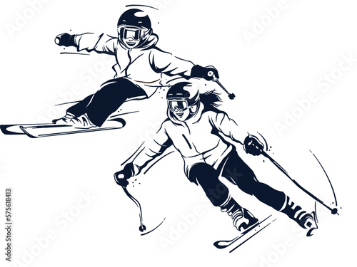vector set of skiing logos, emblems and design elements