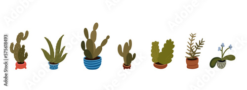 home plants in pots vector illustration set. Interior houseplants in planters and flowerpots. Home indoor green decor. cacti, foliage. Flat diary and notebook stickers 