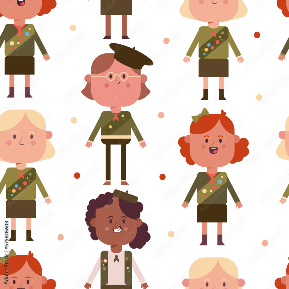 Girl scout vector cartoon seamless pattern background for wallpaper, wrapping, packing, and