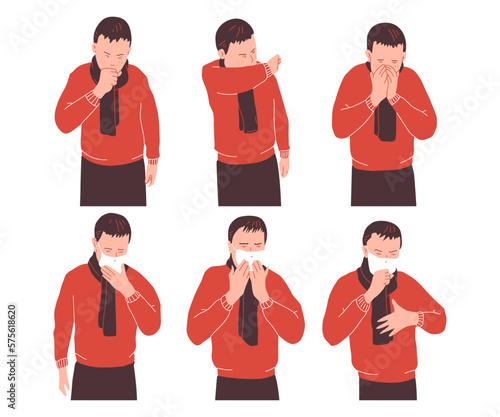 Coughing man vector characters set isolated on a white background.