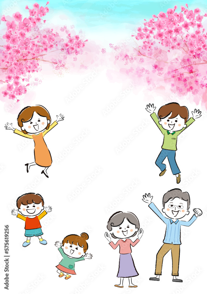 満開の桜を背景に笑顔の家族のいる手描きイラスト