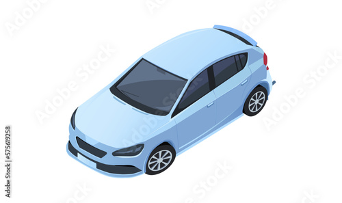 Blue car isometric view. Hatchback model of sport vehicle isolated on white background. Automobile transport button icon for web application or mobile chat. City element or object. Vector illustration