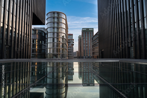Reflection of office buildings in Düsseldorf media harbor