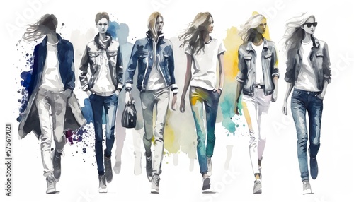 female fashion show, Casual Clothing, streetwear, male and femal models walking in a row, watercolor illustration