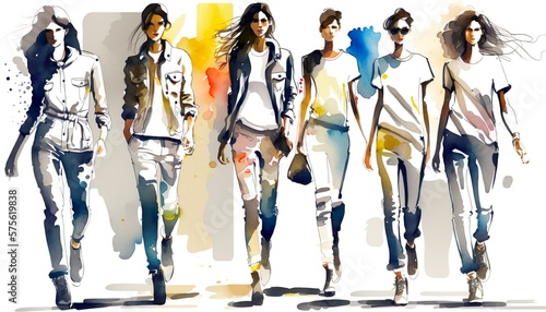 female fashion show, Casual Clothing, streetwear, watercolor illustration