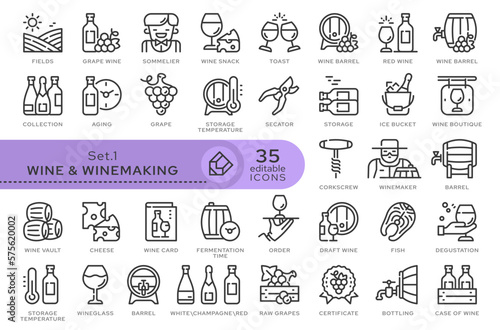 Set of conceptual icons. Vector icons in flat linear style for web sites, applications and other graphic resources. Set from the series - Wine and Winemaking. Editable outline icon.	
