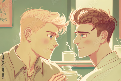 Gay male couple looking at each other in the cafetria, Cartoon sketch style with pastel color, digital illustration generative AI photo