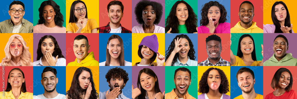 Cute millennials sharing good vibes over colorful backgrounds Cute millennials sharing good vibes over colorful backgrounds