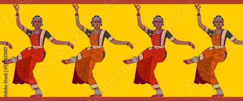 Seamless border with the image of dancing Indian girls. Rhythmic composition on a yellow background.
