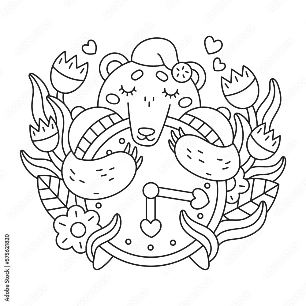 Adorable sleepy bear with big alarm clock. Time to wake up. Nature in spring. Cute forest animal with pajama hat. Flowers and leaves. Tulip, chamomile, berry. Funny coloring page for kids. Vector art Adorable sleepy bear with big alarm clock. Time to wake up. Nature in spring. Cute forest animal with pajama hat. Flowers and leaves. Tulip, chamomile, berry. Funny coloring page for kids. Vector art