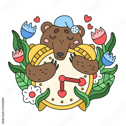 Sleepy bear with alarm clock. Spring time nature. Wildlife animal with flowers. Colorful drawing for kids bedroom. Cartoon vector illustration. Outlined style. Isolated on white