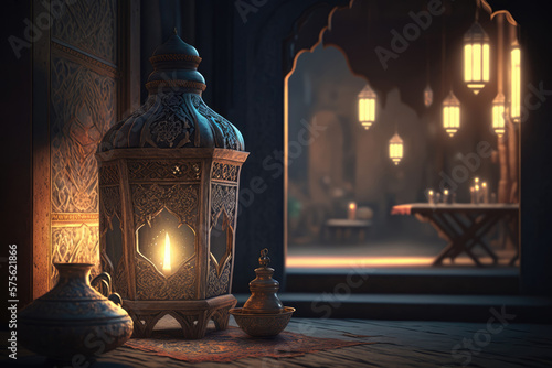 Ramadan Lantern. Old Lantern, candle lamp in oriental style in interior. Generative ai illustration for Greeting card, site, banner, invitation, postcard for muslim holiday. Eid Mubarak Ramadan Kareem