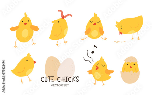 Cartoon Easter chicks. Cute baby farm birds with yellow feathers. Cheerful little chickens and roosters activities. Funny domestic animals hatched from eggs. Isolated newborn poultry, vector set