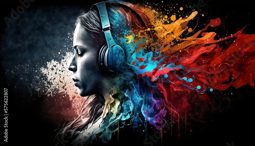happy woman adjusting headphones while listening music with Generative AI