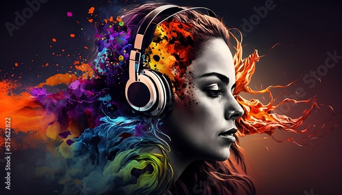 happy woman adjusting headphones while listening music with Generative AI © Art.disini