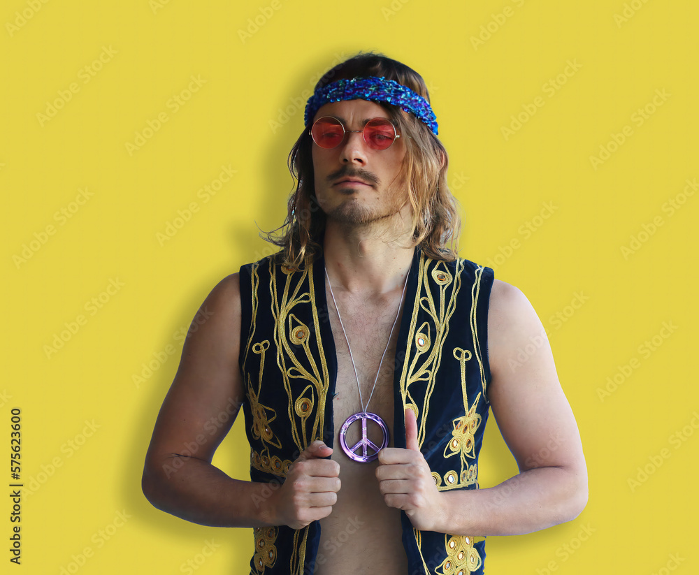 Hippy hippie guy on yellow background created using Generative AI