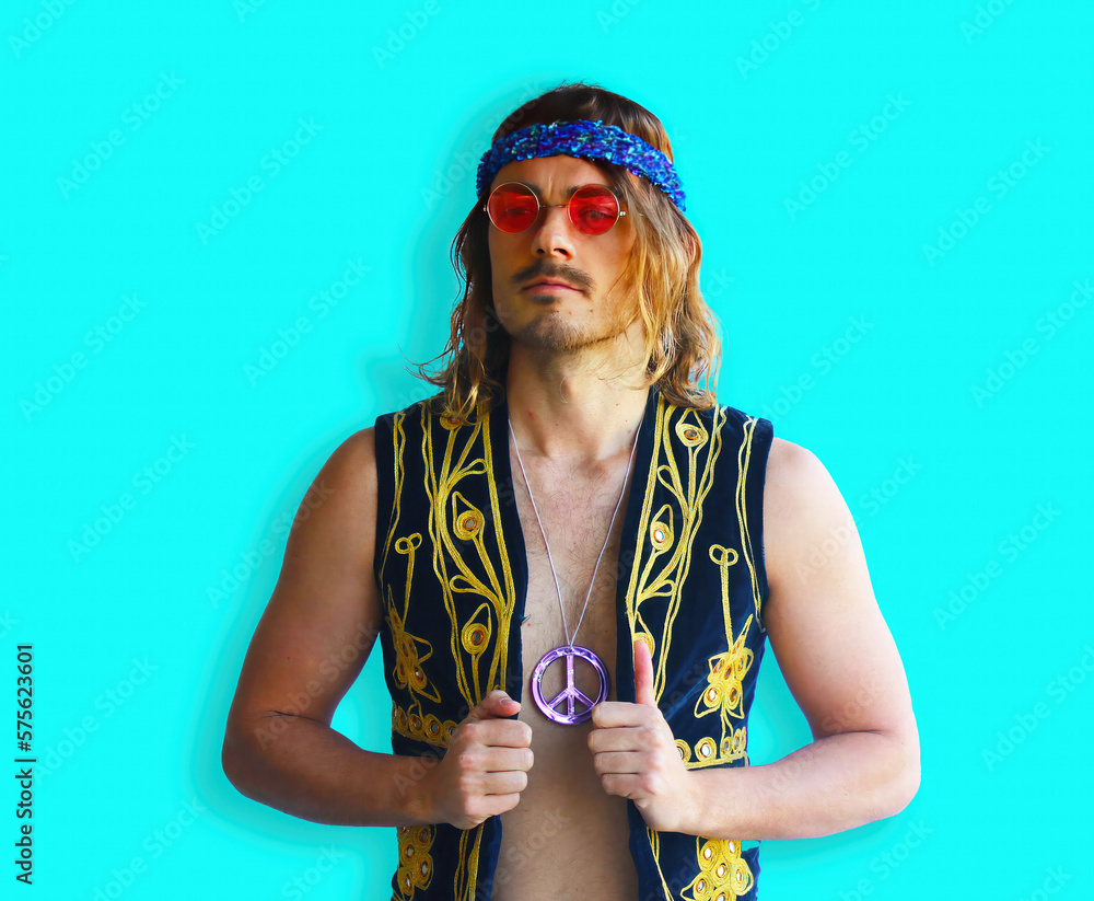 Hippy hippie guy on blue background created using Generative AI