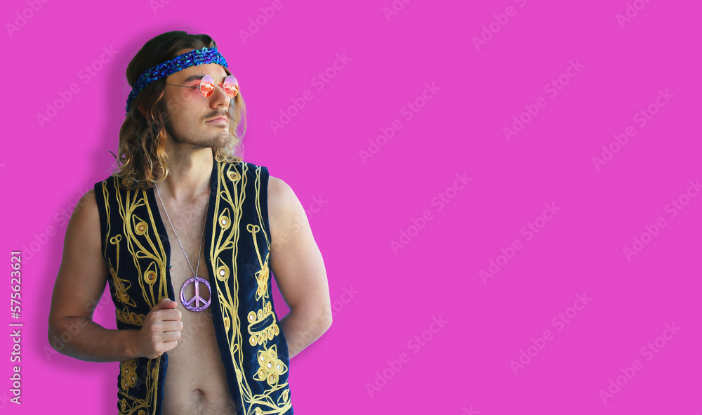 Hippy hippie guy on pink background created using Generative AI