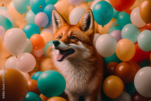 Happy little fox surrounded by many colorful balloons - generative ai