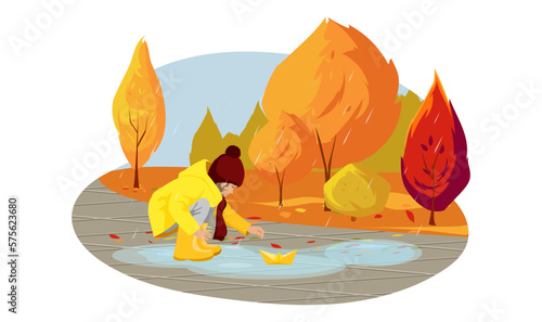 Child playing paper boat ship in puddle. Kid outdoor after autumn rain. Drawing in cartoon style. Yellow red trees and fall leaves. Seasonal weekend children games in City Park. Vector illustration