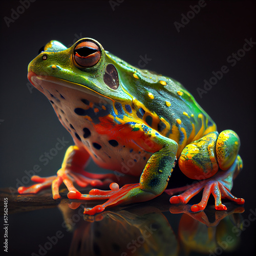 A painting of a frog that has a blue and yellow body and has a yellow spot on its belly. Generative ai