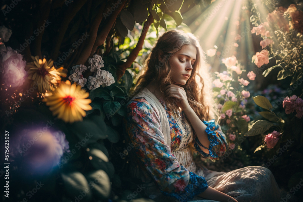 a woman sitting in a peaceful garden surrounded by blooming flowers and trees, with his eyes closed , as if connecting with the energy of nature and the psychic waves it generates.  Ai - obrazy, fototapety, plakaty 