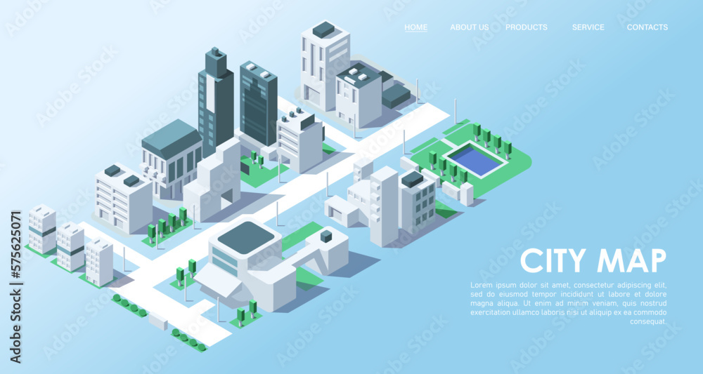 Isometric city map with buildings. Business office and commercial towers in 3d cityscape. City development concept for web design. Urban architecture and design of street elements. Vector illustration - obrazy, fototapety, plakaty 