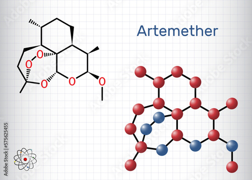 Artemether molecule. It is used for the treatment of malaria. Structural chemical formula and molecule model. Sheet of paper in a cage photo