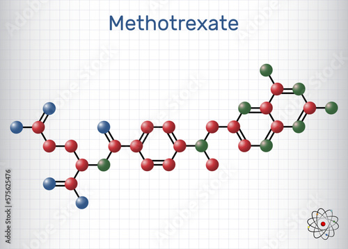 Methotrexate, MTX molecule. It is antineoplastic drug, used the treatment of  cancer, psoriasis, rheumatoid arthritis. Structural chemical formula, molecule model. Sheet of paper in a cage.