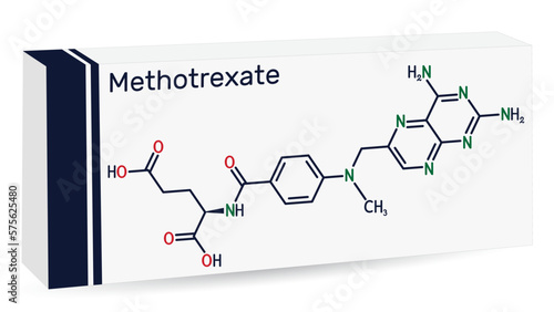 Methotrexate, MTX molecule. It is antineoplastic drug, used the treatment of  cancer, psoriasis, rheumatoid arthritis. Skeletal chemical formula. Paper packaging for drugs.