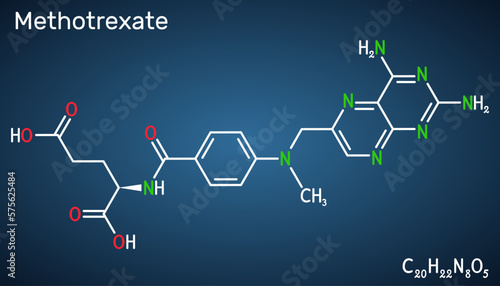 Methotrexate, MTX molecule. It is antineoplastic drug, used the treatment of  cancer, psoriasis, rheumatoid arthritis. Structural chemical formula on the dark blue background.