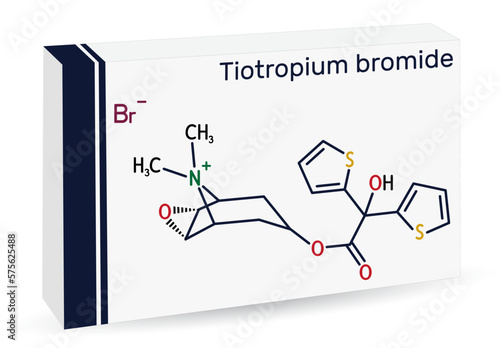 Tiotropium bromide molecule. Antimuscarinic bronchodilator used in the tratement of chronic obstructive pulmonary disease COPD, asthma. Skeletal chemical formula. Paper packaging for drugs.