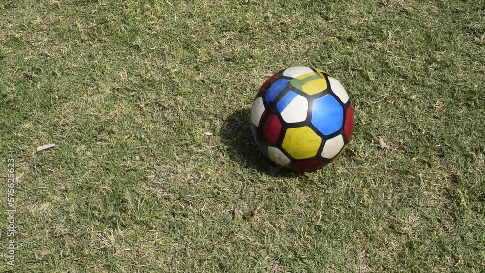 Colorful ball kept on the ground with green grass Colorful ball kept on the ground with green grass