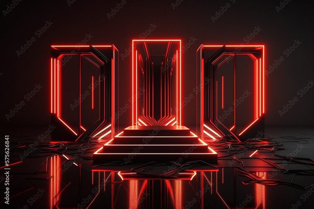 Futuristic sci-fi abstract red neon light shapes on black background ...