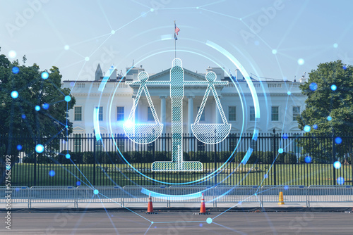 The White House on sunny day, Washington DC, USA. Executive branch. President administration. Glowing hologram legal icons. The concept of law, order, regulations and digital justice